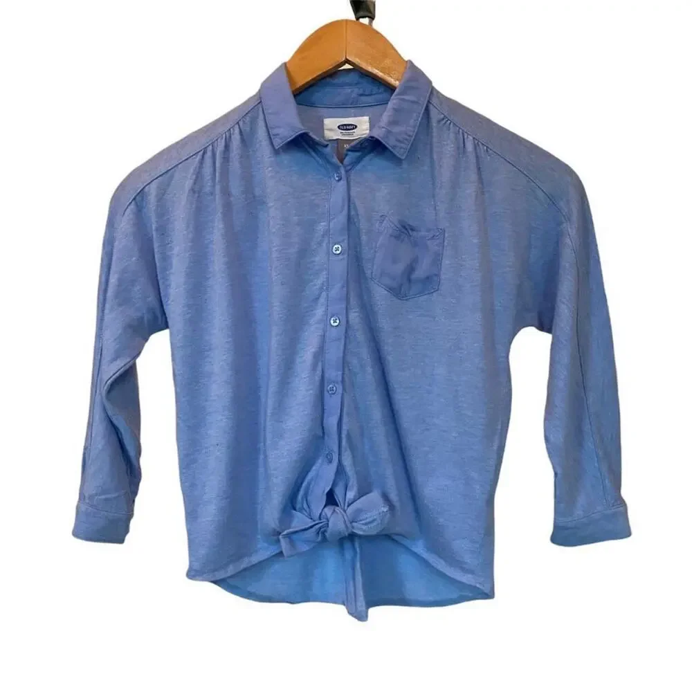 Girls 5 XS Old Navy Blue Long Sleeve Button Down Tie Front Hi Low Cotton Shirt